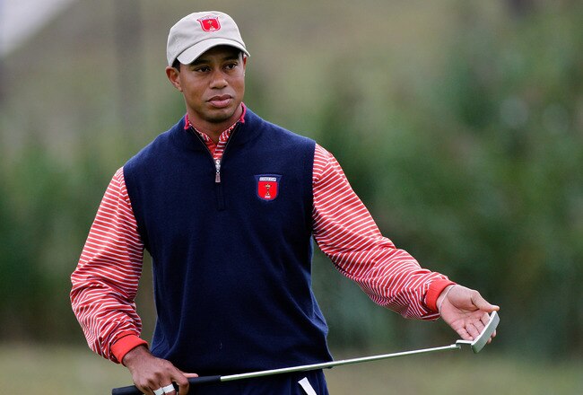 NEWPORT, WALES - SEPTEMBER 30:  Tiger Woods of the USA looks on during a practice round prior to the 2010 Ryder Cup at the Celtic Manor Resort on September 30, 2010 in Newport, Wales.  (Photo by Sam Greenwood/Getty Images)