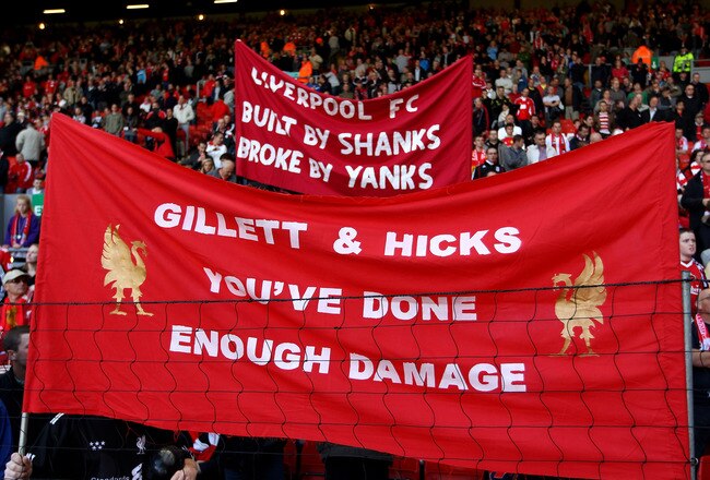 LIVERPOOL, ENGLAND - SEPTEMBER 25:  Liverpool  fans display anti American banners before the Barclays Premier League match between Liverpool and Sunderland at at Anfield on September 25, 2010 in Liverpool, England.  (Photo by Clive Brunskill/Getty Images)