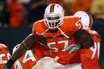 FORT LAUDERDALE, FL - SEPTEMBER 17:  Defensive lineman Allen Bailey #57 and linebacker Colin McCarthy #44 of the Miami Hurricanes celebrate after scoring a safety against the Georgia Tech Yellow Jackets at Land Shark Stadium on September 17, 2009 in Fort Lauderdale, Florida. Miami defeated Georgia Tech 33-17.  (Photo by Doug Benc/Getty Images)