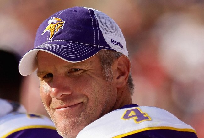 SAN FRANCISCO - AUGUST 22:  Brett Favre #4 of the Minnesota Vikings stands on the sidelines during their preseason game against the San Francisco 49ers at Candlestick Park on August 22, 2010 in San Francisco, California.  (Photo by Ezra Shaw/Getty Images)