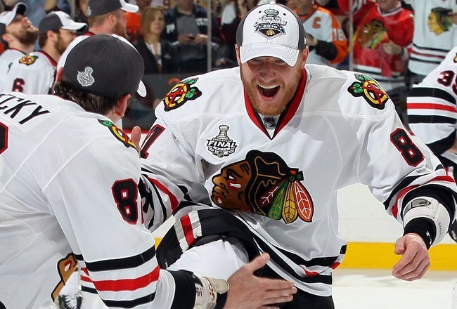 PHILADELPHIA - JUNE 09:  Marian Hossa #81 and Tomas Kopecky #82 of the Chicago Blackhawks celebrate after defeating the Philadelphia Flyers 4-3 to win the Stanley Cup in Game Six of the 2010 NHL Stanley Cup Final at the Wachovia Center on June 9, 2010 in Philadelphia, Pennsylvania.  (Photo by Jim McIsaac/Getty Images)