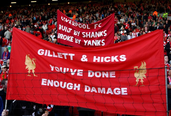 LIVERPOOL, ENGLAND - SEPTEMBER 25:  Liverpool  fans display anti American banners before the Barclays Premier League match between Liverpool and Sunderland at at Anfield on September 25, 2010 in Liverpool, England.  (Photo by Clive Brunskill/Getty Images)