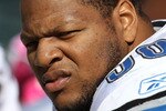 GREEN BAY, WI - OCTOBER 03: Ndamukong Suh #90 of the Detroit Lions rests on the bench during a game against the Green Bay Packers at Lambeau Field on October 3, 2010 in Green Bay, Wisconsin. The Packers defeated the Lions 28-26. (Photo by Jonathan Daniel/Getty Images)