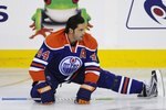EDMONTON, AB - OCTOBER 3:  Defenseman Sheldon Souray #44 of the Edmonton Oilers warms up in a game between Calgary and Edmonton in the first period during an NHL game on October 3, 2009 at Rexall Arena in Edmonton, Canada. The Calgary Flames defeated the Edmonton Oilers 4-3. (Photo by Jimmy Jeong/Getty Images)