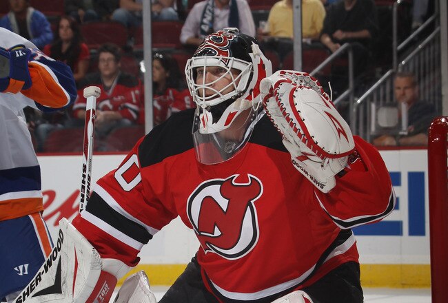 NEWARK, NJ - OCTOBER 01:  Martin Brodeur #30 of the New Jersey Devils tends net against the New York Islanders at the Prudential Center on October 1, 2010 in Newark, New Jersey.The Devils defeated the Islanders 4-3.  (Photo by Bruce Bennett/Getty Images)