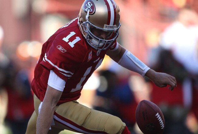 SAN FRANCISCO - SEPTEMBER 20:  Alex Smith #11 of the San Francisco 49ers looses the ball in the endzone for a saftey against the New Orleans Saints during an NFL game at Candlestick Park on September 20, 2010 in San Francisco, California.  (Photo by Jed Jacobsohn/Getty Images)
