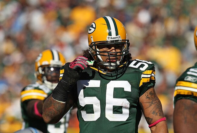 GREEN BAY, WI - OCTOBER 03: Nick Barnett #56 of the Green Bay Packers awaits the start of play against the Detroit Lions at Lambeau Field on October 3, 2010 in Green Bay, Wisconsin. The Packers defeated the Lions 28-26. (Photo by Jonathan Daniel/Getty Images)