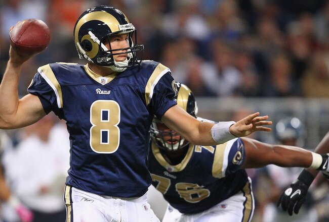 ST. LOUIS - OCTOBER 3: Sam Bradford #8 of the St. Louis Rams looks to pass against the Seattle Seahawks at the Edward Jones Dome on October 3, 2010 in St. Louis, Missouri.  The Rams beat the Seahawks 20-3.  (Photo by Dilip Vishwanat/Getty Images)