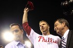 PHILADELPHIA - OCTOBER 06:  Roy Halladay #34 of the Philadelphia Phillies waves to the crowd after pitching a no-hitter in Game 1 of the NLDS against the Cincinnati Reds at Citizens Bank Park on October 6, 2010 in Philadelphia, Pennsylvania.  (Photo by Chris Trotman/Getty Images)