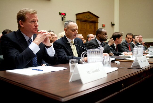 WASHINGTON - NOVEMBER 03: National Football League Commissioner Roger Goodell, Rob Manfred, executive vice president of labor and human resources in the Office of the Commissioner of Baseball, Major League Baseball, NFL Players Association Executive Director DeMaurice Smith, Michael Weiner, general counsel for the Major League Baseball Players Association, Travis Tygart, CEO of the United States Anti-Doping Agency, Gabriel Feldman, associate professor of law and director of the Sports Law Program at Tulane University Law School, and Jeffrey Standen, professor of law at the Willamette University College of Law (L-R), testify on Capitol Hill on November 3, 2009 in Washington, DC. The hearing focused on doping in professional sports.(Photo by Brendan Hoffman/Getty Images)