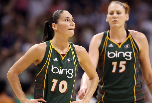 PHOENIX - SEPTEMBER 05:  Sue Bird #10 and Lauren Jackson #15 of the Seattle Storm in Game Two of the Western Conference Finals against the Phoenix Mercury during the 2010 WNBA Playoffs at US Airways Center on September 5, 2010 in Phoenix, Arizona. The Storm defeated the Mercury 91-88 to win the series 2-0. NOTE TO USER: User expressly acknowledges and agrees that, by downloading and or using this photograph, User is consenting to the terms and conditions of the Getty Images License Agreement.  (Photo by Christian Petersen/Getty Images)