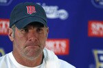 EDEN PRAIRIE, MN - OCTOBER 7:  Minnesota Vikings quarterback Brett Favre answers questions from the media during a press conference at Winter Park on October 7, 2010 in Eden Prairie, Minnesota.  (Photo by Adam Bettcher/Getty Images)