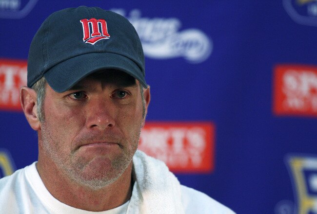 EDEN PRAIRIE, MN - OCTOBER 7:  Minnesota Vikings quarterback Brett Favre answers questions from the media during a press conference at Winter Park on October 7, 2010 in Eden Prairie, Minnesota.  (Photo by Adam Bettcher/Getty Images)