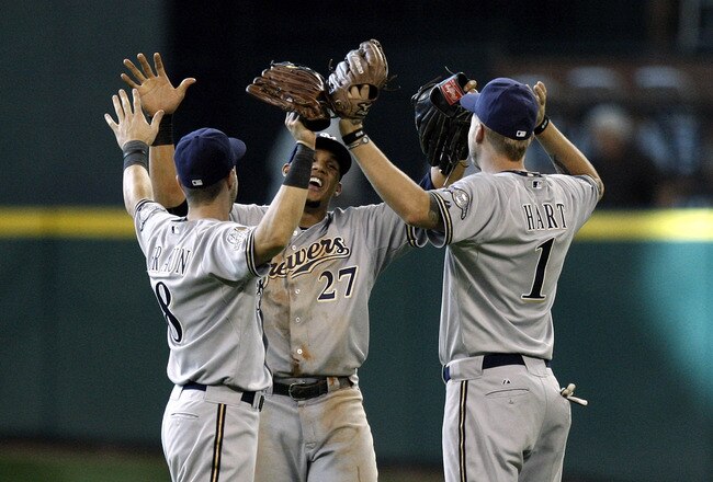 HOUSTON - SEPTEMBER 15:  Carlos Gomez, center, Ryan Braun, left, and Corey Hart of the Milwaukee Brewers celebrate their win over the Houston Astros 8-6 in ten innings at Minute Maid Park on September 15, 2010 in Houston, Texas.  (Photo by Bob Levey/Getty Images)