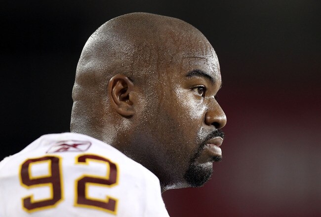 GLENDALE, AZ - SEPTEMBER 02:  Defensive tackle Albert Haynesworth #92 of the Washington Redskins stands on the sidelines during preseason NFL game against the Arizona Cardinals at the University of Phoenix Stadium on September 2, 2010 in Glendale, Arizona.  The Cardinals defeated the Redskins 20-10.  (Photo by Christian Petersen/Getty Images)
