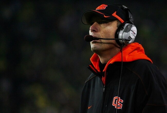 EUGENE,OR - DECEMBER 03:  Head coach Mike Riley of the Oregon State Beavers watches play against the Oregon Ducks at Autzen Stadium on December 3, 2009 in Eugene, Oregon.  (Photo by Tom Hauck/Getty Images)