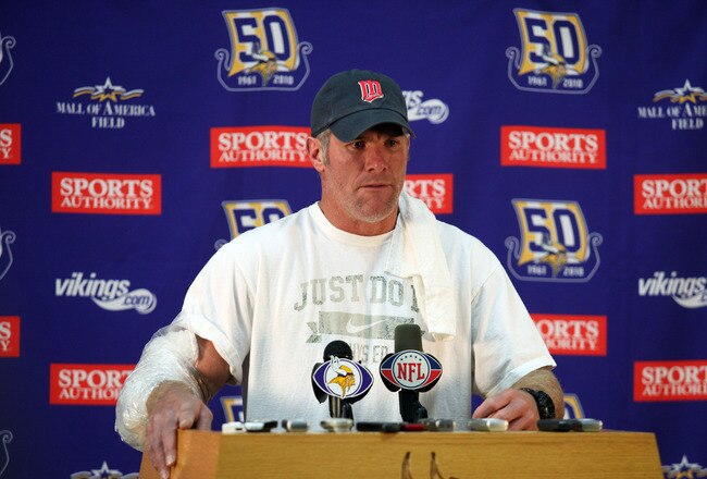 EDEN PRAIRIE, MN - OCTOBER 7:  Minnesota Vikings quarterback Brett Favre answers questions from the media during a press conference at Winter Park on October 7, 2010 in Eden Prairie, Minnesota.  (Photo by Adam Bettcher/Getty Images)