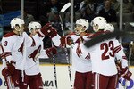 SAN JOSE, CA - SEPTEMBER 25:  Shane Doan #19 of the Phoenix Coyotes celebrates his goal on a deflection off an assist by Keith Yandle #3 against goalie Antti Niemi #31 of the San Jose Sharks in the first period of a preseason split-squad game at HP Pavilion on September 25, 2010 in San Jose, California.  (Photo by Brian Bahr/Getty Images)