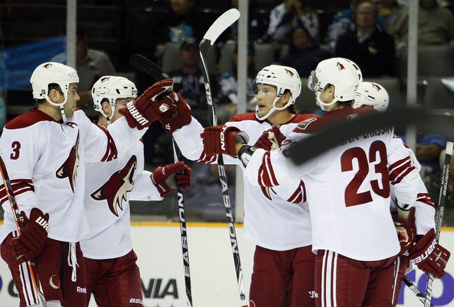 SAN JOSE, CA - SEPTEMBER 25:  Shane Doan #19 of the Phoenix Coyotes celebrates his goal on a deflection off an assist by Keith Yandle #3 against goalie Antti Niemi #31 of the San Jose Sharks in the first period of a preseason split-squad game at HP Pavilion on September 25, 2010 in San Jose, California.  (Photo by Brian Bahr/Getty Images)