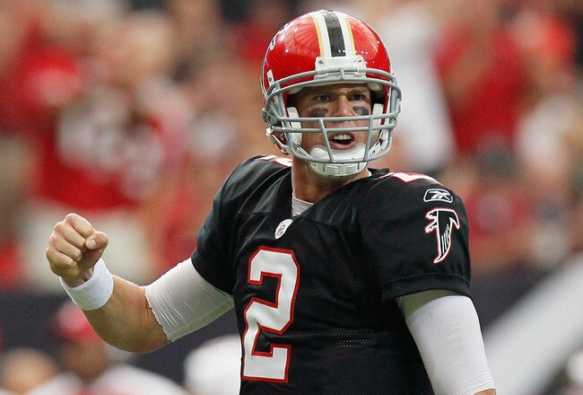 ATLANTA - OCTOBER 03:  Quarterback Matt Ryan #2 of the Atlanta Falcons reacts after tossing a touchdown reception against the San Francisco 49ers at Georgia Dome on October 3, 2010 in Atlanta, Georgia.  (Photo by Kevin C. Cox/Getty Images)