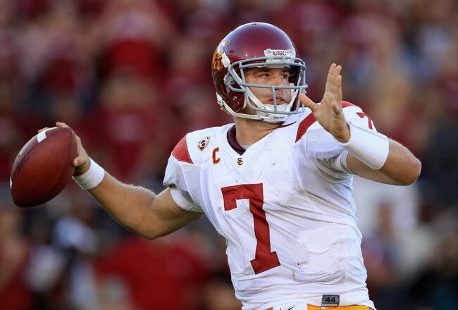 PALO ALTO, CA - OCTOBER 09:  Matt Barkley #7 of the USC Trojans passes the ball during their game against the Stanford Cardinal at Stanford Stadium on October 9, 2010 in Palo Alto, California.  (Photo by Ezra Shaw/Getty Images)