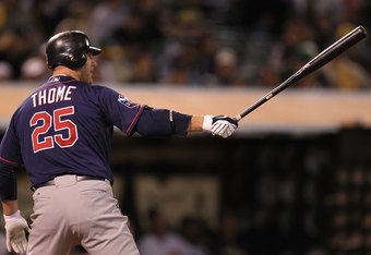 OAKLAND, CA - JUNE 04:  Jim Thome #25 of the Minnesota Twins bats against the Oakland Athletics during an MLB game at the Oakland-Alameda County Coliseum on June 4, 2010 in Oakland, California.  (Photo by Jed Jacobsohn/Getty Images)