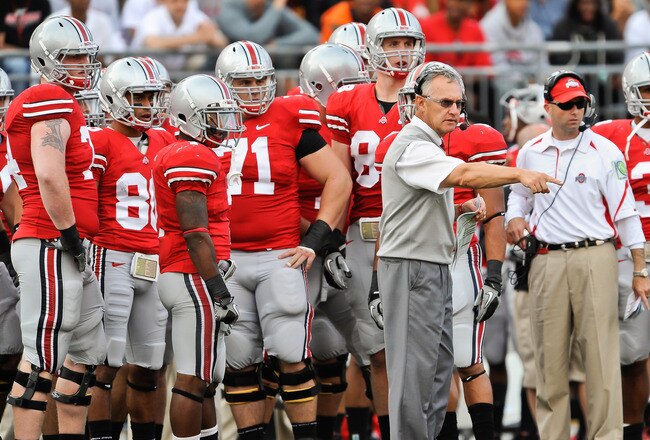 COLUMBUS, OH - SEPTEMBER 25:  Head Coach Jim Tressel of the Ohio State Buckeyes directs his team during a game against the Eastern Michigan Eagles at Ohio Stadium on September 25, 2010 in Columbus, Ohio.  Ohio State won 73-20. (Photo by Jamie Sabau/Getty Images)