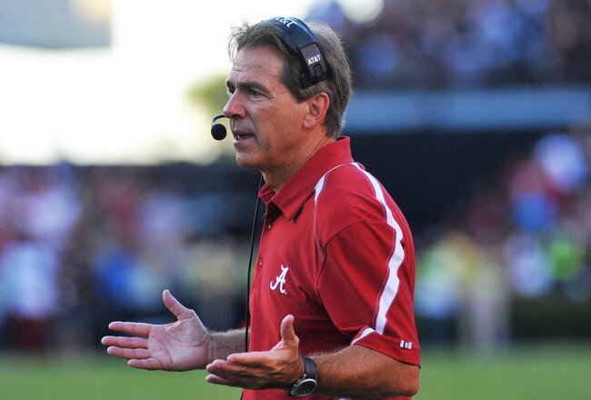 COLUMBIA, SC - OCTOBER 9: Coach Nick Saban of the Alabama Crimson Tide directs play against the South Carolina Gamecocks October 9, 2010 at Williams-Brice Stadium in Columbia, South Carolina.  (Photo by Al Messerschmidt/Getty Images)