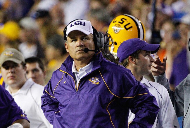 GAINESVILLE, FL - OCTOBER 09:  Head coach Les Miles of the Louisiana State University Tigers watches the action during the game against the Florida Gators at Ben Hill Griffin Stadium on October 9, 2010 in Gainesville, Florida.  (Photo by Sam Greenwood/Getty Images)