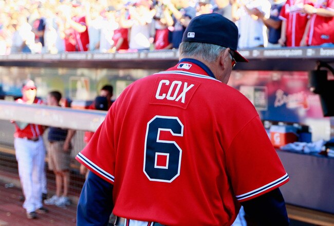 ATLANTA - OCTOBER 10:  Manager Bobby Cox #6 of the Atlanta Braves walks off the field after opening introductions before facing the San Francisco Giants during Game Three of the NLDS of the 2010 MLB Playoffs at Turner Field on October 10, 2010 in Atlanta, Georgia.  (Photo by Kevin C. Cox/Getty Images)