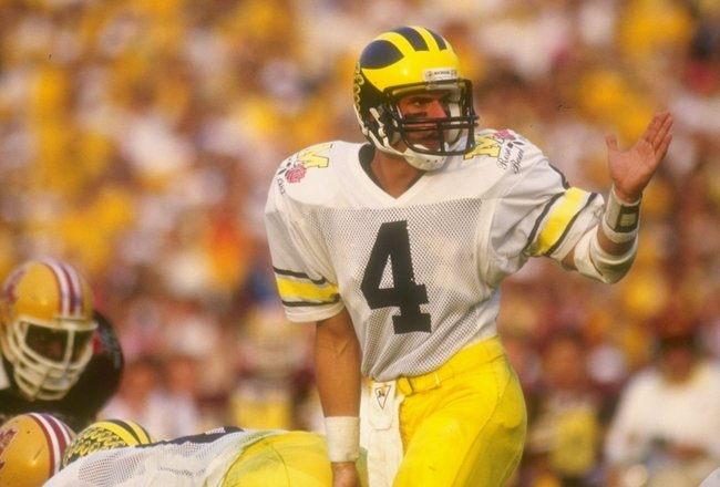 1 Jan 1987: Jim Harbaugh #4 of Michigan during their 22-15 loss to Arizona State at the Rose Bowl in Pasadena, California. Mandatory Credit: Mike Powell  /Allsport