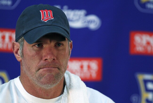 EDEN PRAIRIE, MN - OCTOBER 7:  Minnesota Vikings quarterback Brett Favre answers questions from the media during a press conference at Winter Park on October 7, 2010 in Eden Prairie, Minnesota.  (Photo by Adam Bettcher/Getty Images)