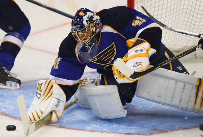 ST. LOUIS - SEPTEMBER 21: Jaroslav Halak #41 of the St. Louis Blues makes a save against the Colorado Avalanche during a pre-season game at the Scottrade Center on September 21, 2010 in St. Louis, Missouri.  (Photo by Dilip Vishwanat/Getty Images)
