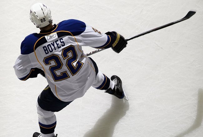 NEWARK, NJ - MARCH 20:  Brad Boyes #22 of the St. Louis Blues warms up before playing against the New Jersey Devils at the Prudential Center on March 20, 2010 in Newark, New Jersey.  (Photo by Jim McIsaac/Getty Images)