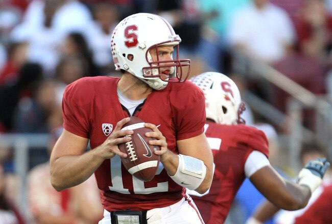 PALO ALTO, CA - OCTOBER 09:  Andrew Luck #12 of the Stanford Cardinal drops back to pass the ball against the USC Trojans at Stanford Stadium on October 9, 2010 in Palo Alto, California.  (Photo by Ezra Shaw/Getty Images)