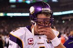EAST RUTHERFORD, NJ - OCTOBER 11:  Brett Favre #4 of the Minnesota Vikings wipes his eyes as he walks off the field after the New York Jets won 29-20 at New Meadowlands Stadium on October 11, 2010 in East Rutherford, New Jersey.  (Photo by Andrew Burton/Getty Images)