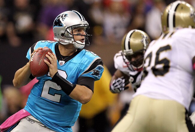 NEW ORLEANS - OCTOBER 03:  Quarterback Jimmy Clausen #2 of the Carolina Panthers during play against the New Orleans Saints at the Louisiana Superdome on October 3, 2010 in New Orleans, Louisiana.  (Photo by Ronald Martinez/Getty Images)