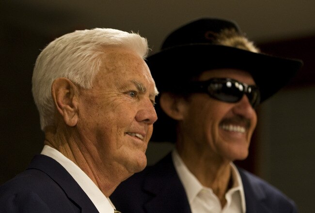 CHARLOTTE, NC - MAY 23: Hall of Fame inductees Richard Petty and Junior Johnson have their portrait made before the Inaugural Induction Ceremony at the NASCAR Hall of Fame on May 23, 2010 in Charlotte, North Carolina. (Photo by Chris Keane/Getty Images for NASCAR)