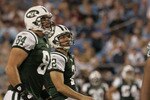 CHARLOTTE,NC- AUGUST 21:  Kicker Nick Folk  #2 and Ben Hartsock #84 of the New York Jets watch a field goal during a preseason game against the New York Jests at Bank of America Stadium on August 21, 2010 in Charlotte, North Carolina. (Photo by Mary Ann Chastain/Getty Images)