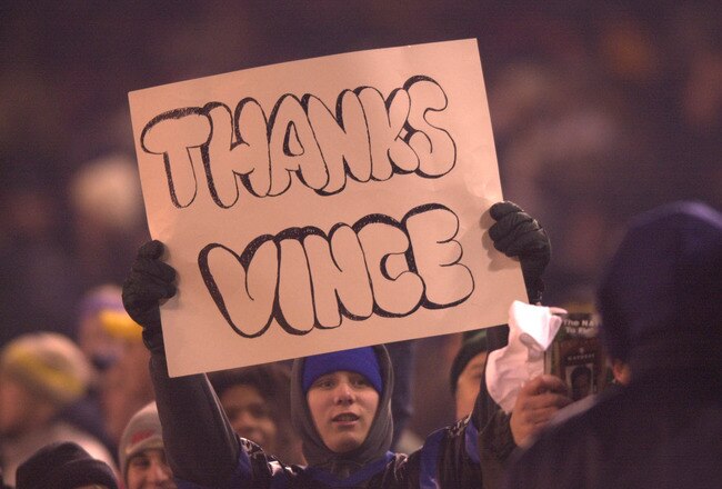 18 Feb 2001:  A New York Hitmen fan holds a sign thanking Vince McMahon during the Hitmen's game against the Orlando Rage at Giant Stadium in East Rutherford, New Jersey.  DIGITAL IMAGE  Mandatory Credit: Ezra Shaw/ALLSPORT
