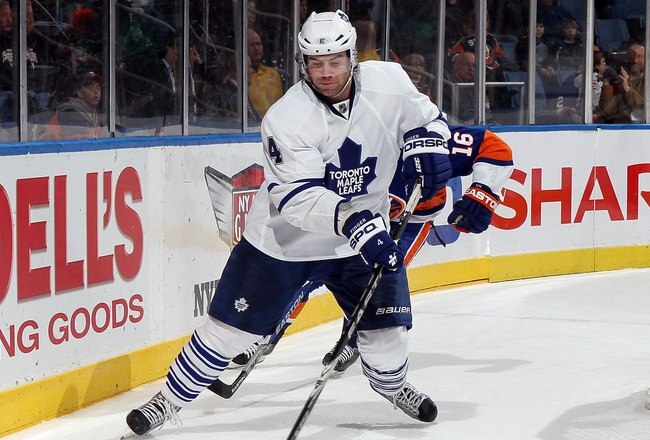 UNIONDALE, NY - MARCH 14:  Jeff Finger #4 of the Toronto Maple Leafs skates against the New York Islanders on March 14, 2010 at Nassau Coliseum in Uniondale, New York. The Isles defeated the Leafs 4-1.  (Photo by Jim McIsaac/Getty Images)