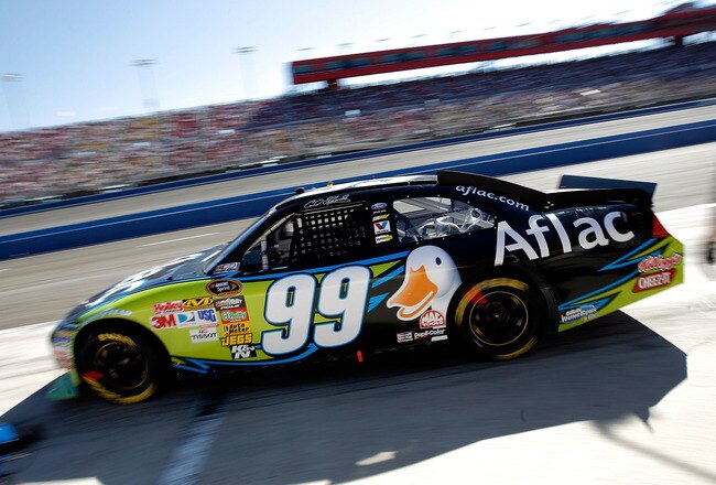 FONTANA, CA - OCTOBER 10:  Carl Edwards, driver of the #99 Aflac Ford, leaves the pits after making a stop during the NASCAR Sprint Cup Series Pepsi Max 400 on October 10, 2010 in Fontana, California.  (Photo by Tom Pennington/Getty Images for NASCAR)