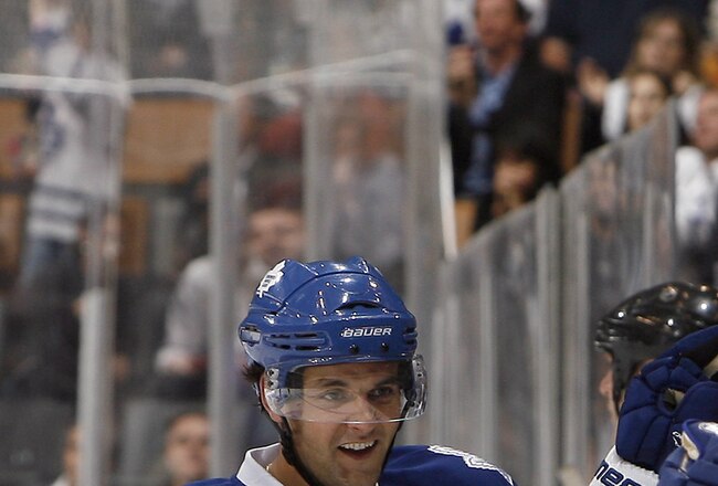 TORONTO - OCTOBER 7: Clarke MacArthur #16 of the Toronto Maple Leafs celebrates his goal against the Montreal Canadiens during a regular season NHL game against the Toronto Maple Leafs at the Air Canada Centre October 7, 2010 in Toronto, Ontario, Canada. (Photo by Abelimages/Getty Images)