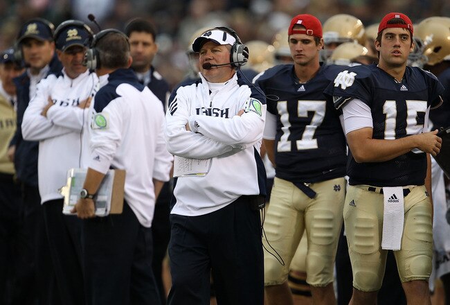 SOUTH BEND, IN - SEPTEMBER 25: Head coach Brian Kelly of the Notre Dame Fighting Irish watches as his team takes on the Stanford Cardinal at Notre Dame Stadium on September 25, 2010 in South Bend, Indiana. Stanford defeated Notre Dame 37-14.  (Photo by Jonathan Daniel/Getty Images)