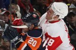 UNIONDALE, NY - JANUARY 12: Kirk Maltby #18 of the Detroit Red Wings hits Sean Bergenheim #20 of the New York Islanders at the Nassau Coliseum on January 12, 2010 in Uniondale, New York.  (Photo by Bruce Bennett/Getty Images)