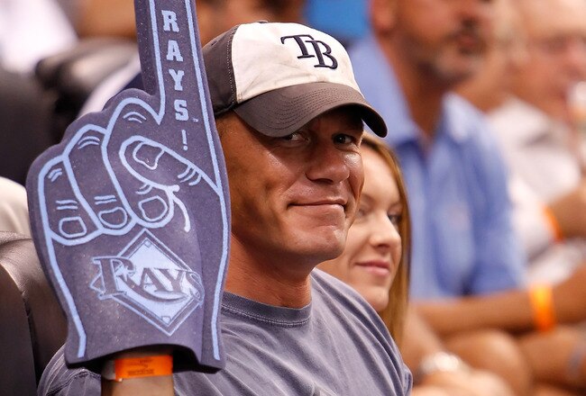 ST. PETERSBURG - JULY 27:  Actor John Cena takes in the game between the Tampa Bay Rays and the Detroit Tigers at Tropicana Field on July 27, 2010 in St. Petersburg, Florida.  (Photo by J. Meric/Getty Images)