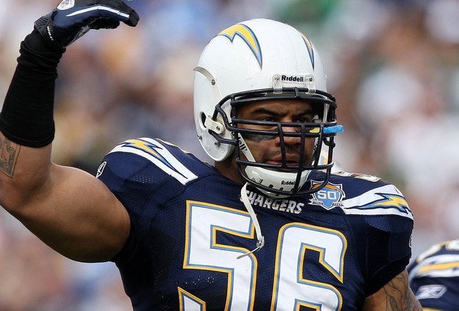 SAN DIEGO - JANUARY 17:  Linebacker Shawne Merriman #56 of the San Diego Chargers signals on the field during the AFC Divisional Playoff Game against the New York Jets at Qualcomm Stadium on January 17, 2010 in San Diego, California.  (Photo by Donald Miralle/Getty Images)