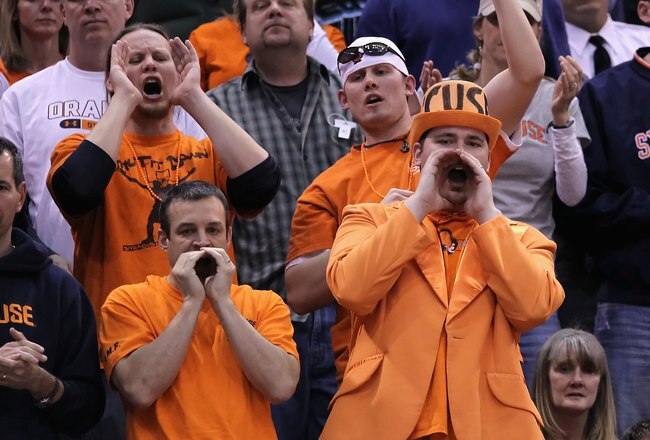 SALT LAKE CITY - MARCH 25:  Fans of the Syracuse Orange cheer against the Butler Bulldogs during the west regional semifinal of the 2010 NCAA men's basketball tournament at the Energy Solutions Arena on March 25, 2010 in Salt Lake City, Utah.  (Photo by Christian Petersen/Getty Images)