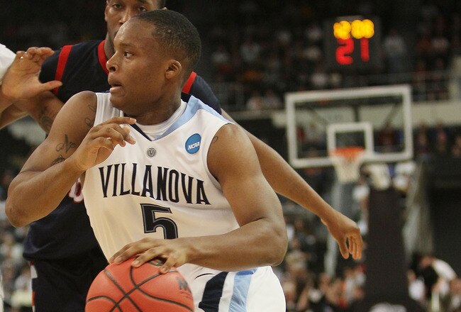 PROVIDENCE, RI - MARCH 18:  Maalik Wayns #5 of the Villanova Wildcats heads for the basket in the first half against the Robert Morris Colonials during the first round of the 2010 NCAA men's basketball tournament on March 18, 2010 at the Dunkin Donuts Arena in Providence, Rhode Island.  (Photo by Elsa/Getty Images)