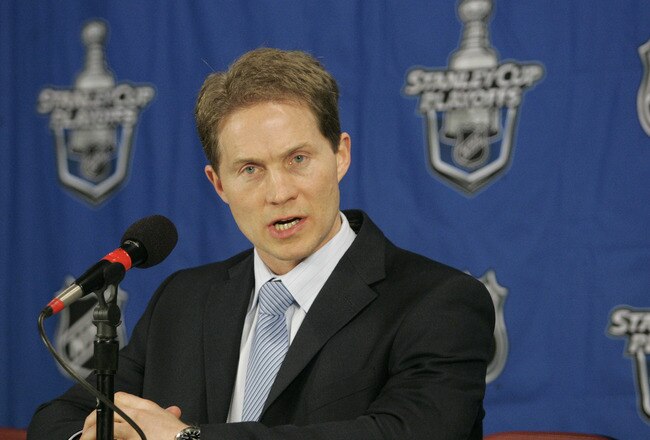 PITTSBURGH - APRIL 14:  Head coach Cory Clouston of the Ottawa Senators addresses the media after Game One of the Eastern Conference Quarterfinals during the 2010 NHL Stanley Cup Playoffs at Mellon Arena on April 14, 2010 in Pittsburgh, Pennsylvania.  The Senators defeated the Penguins 5-4.  (Photo by Justin K. Aller/Getty Images)